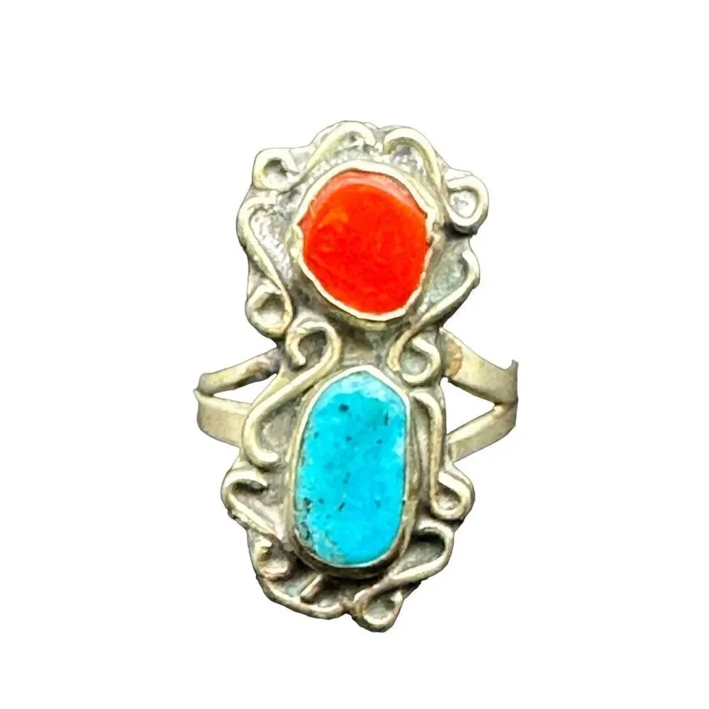 Navajo Sterling silver turquoise coral ring vintage size 7 3/4